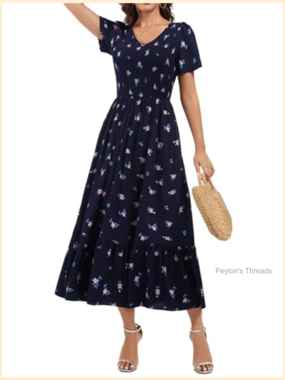 Flowy V Neck Smocked Maxi Dress with Pockets - Picture 4 of 5